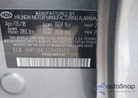 2018 Hyundai Elantra Sel z USA, uszkodzony, nr VIN 5NPD84LF7JH344351